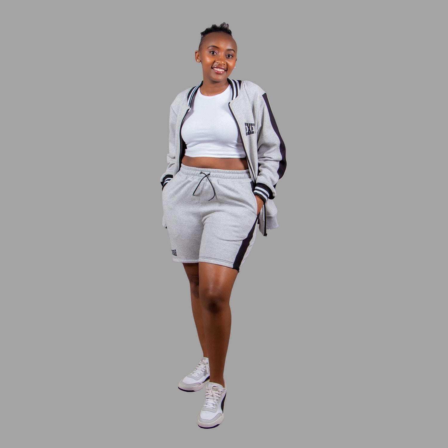 Women's Striped Jacket Short Set (Light Grey)