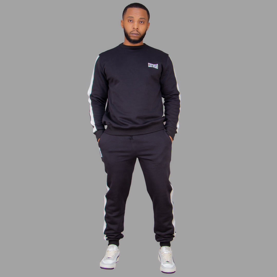 Men's Black Sweatshirt Set with White Stripes