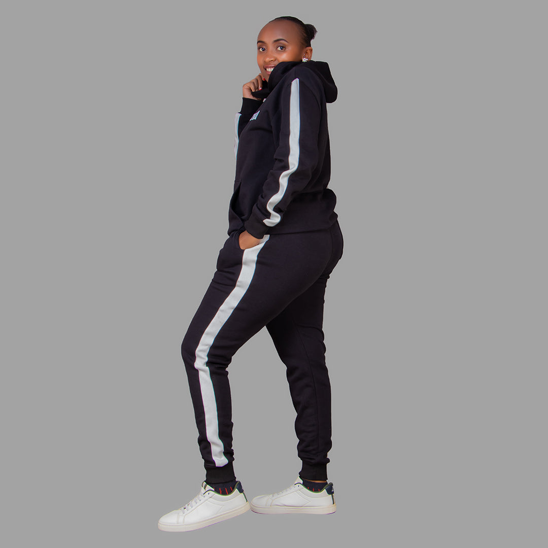 Women's Black Hoodie Set with White Stripes