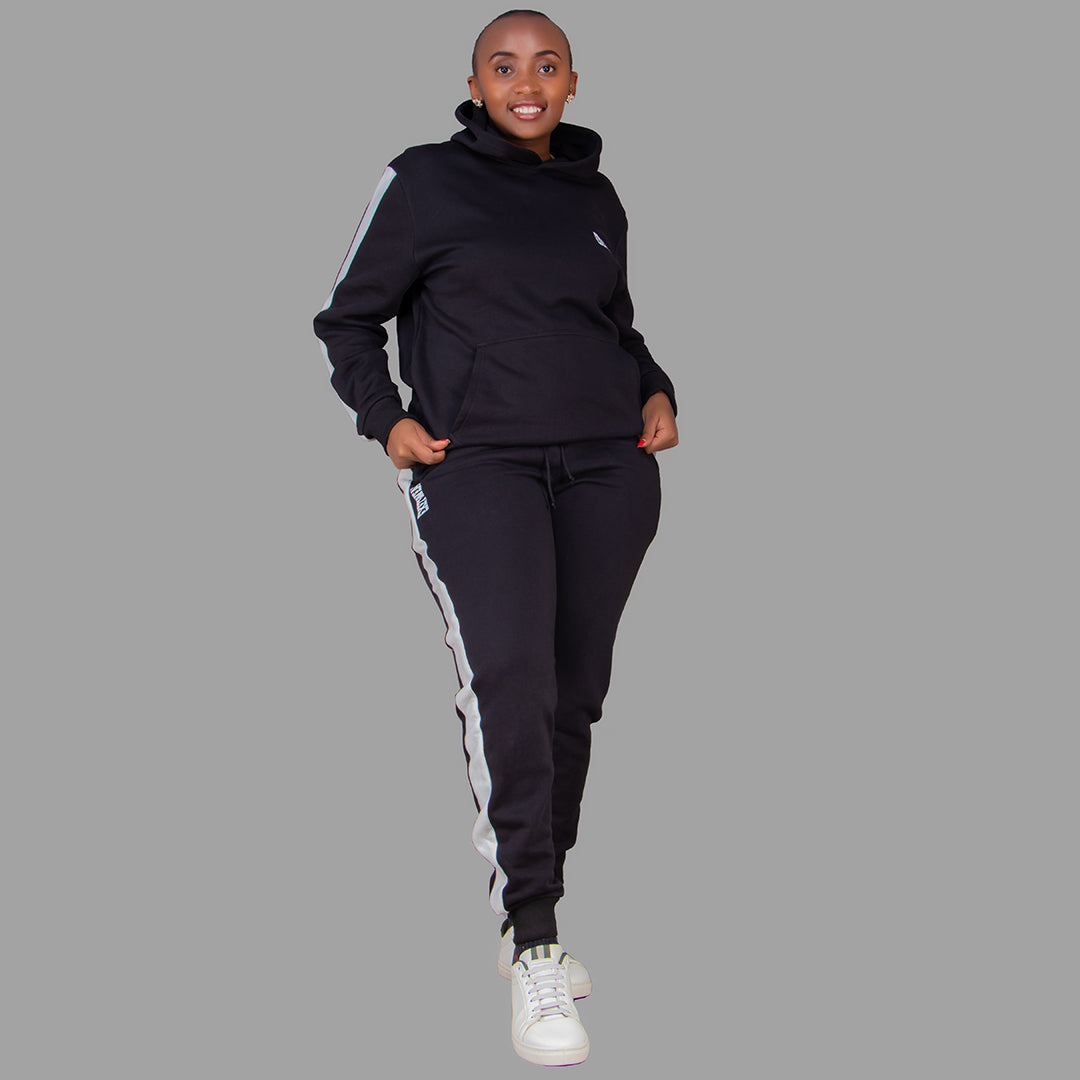 Women's Black Hoodie Set with White Stripes