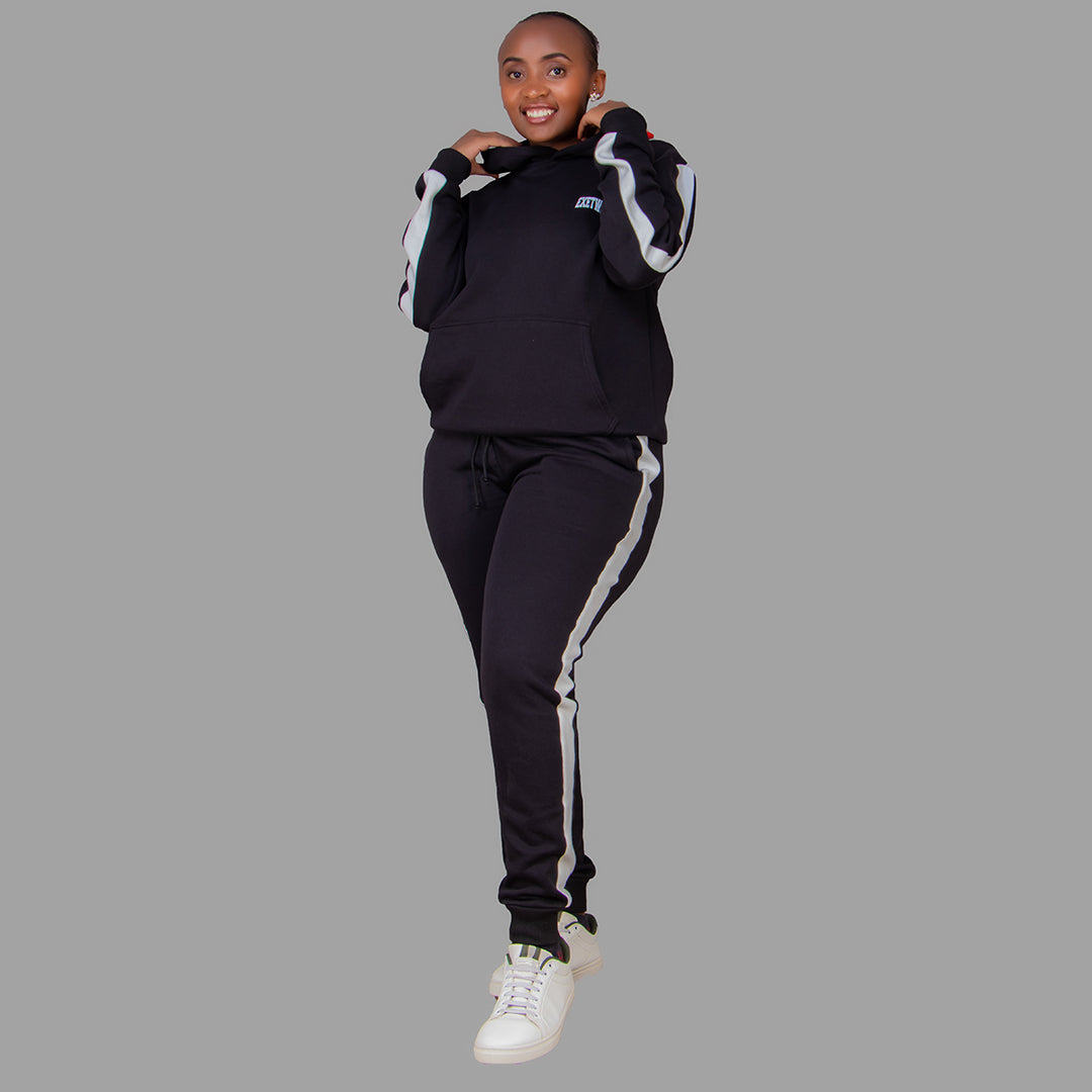 Women's Black Hoodie Set with White Stripes