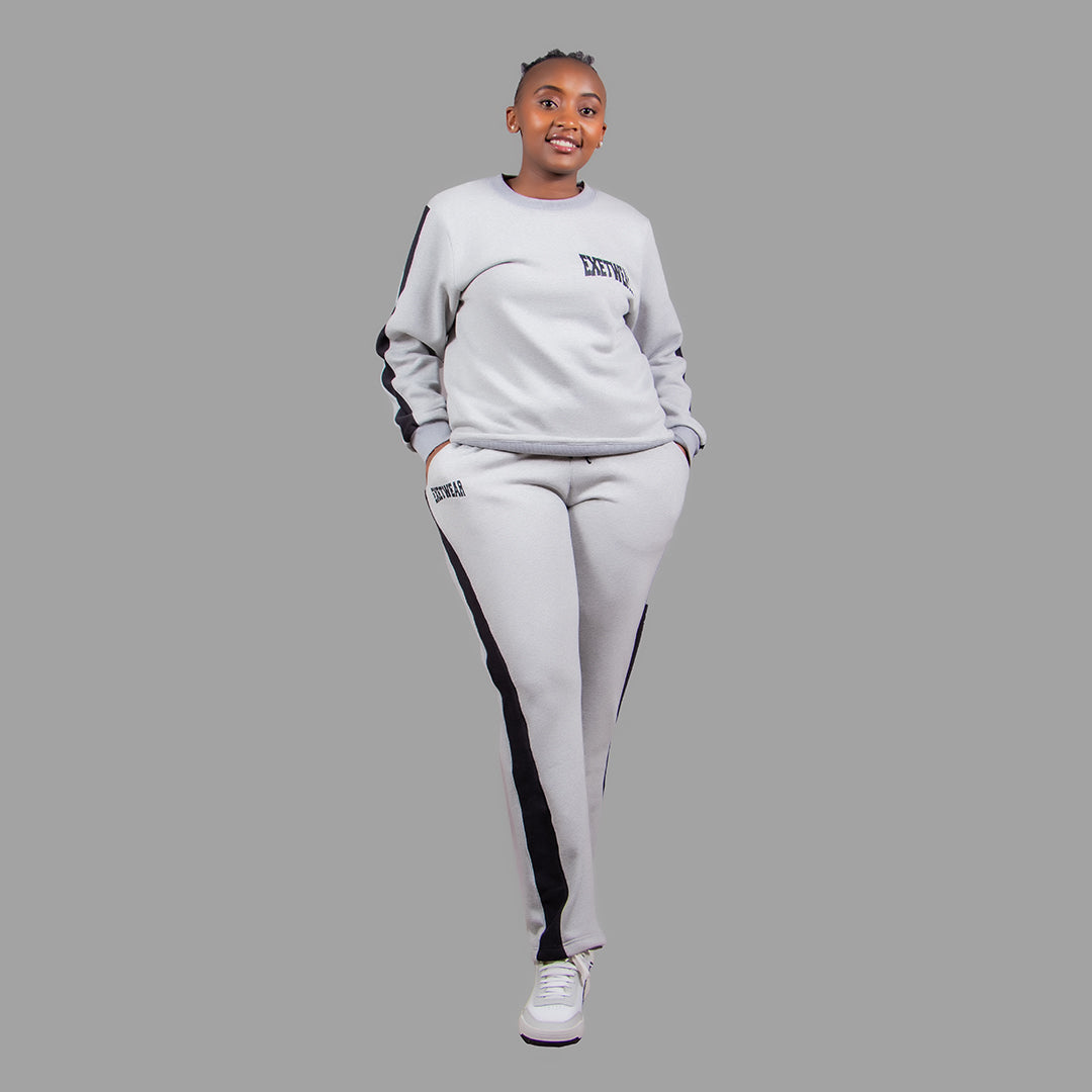 Women's Crewneck Sweatshirt Set in Light Grey with Black Stripes