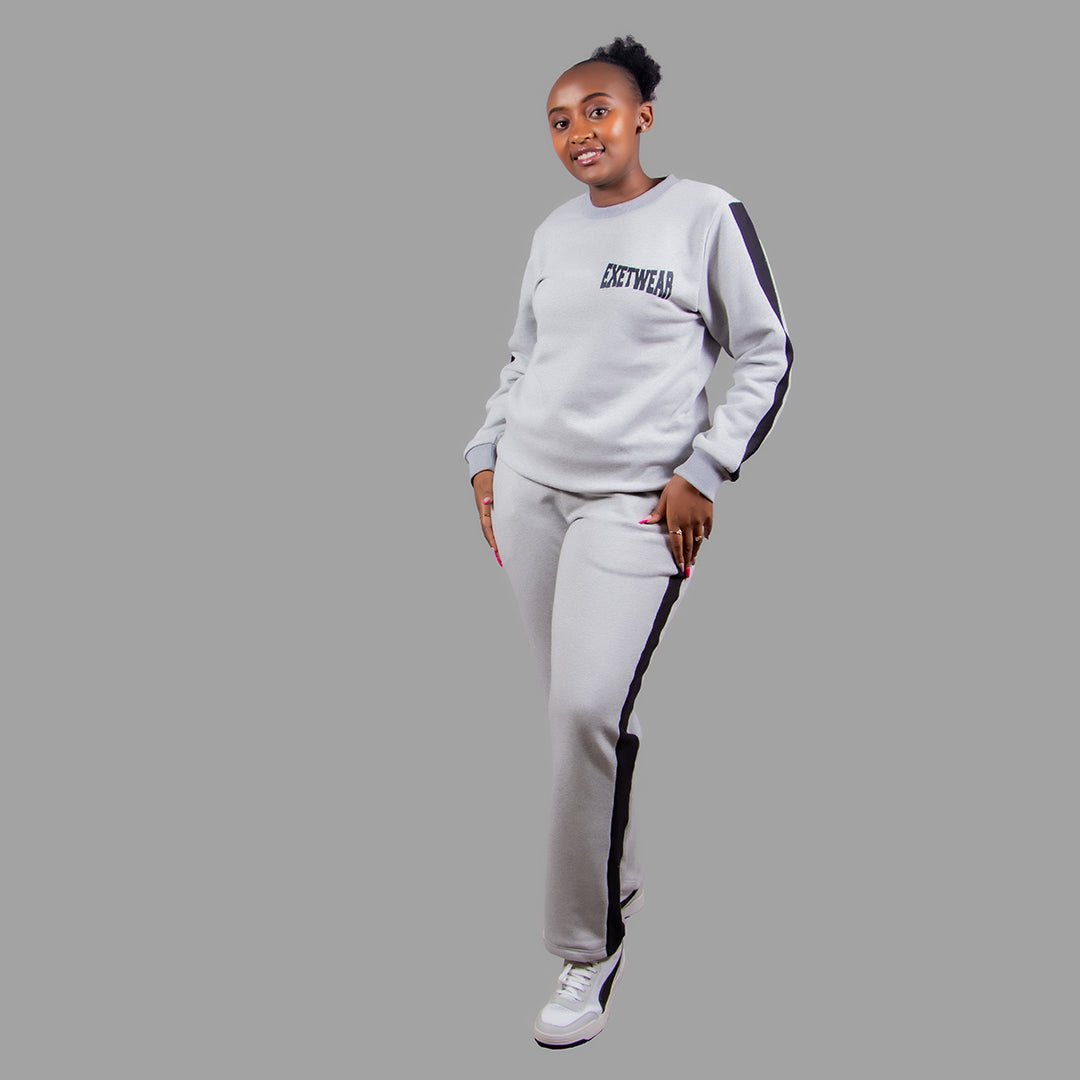 Women's Crewneck Sweatshirt Set in Light Grey with Black Stripes