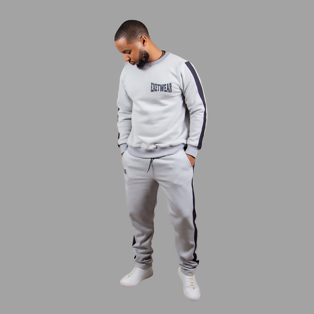 Men's Crewneck Sweatshirt Set in Light Grey with Black Stripes