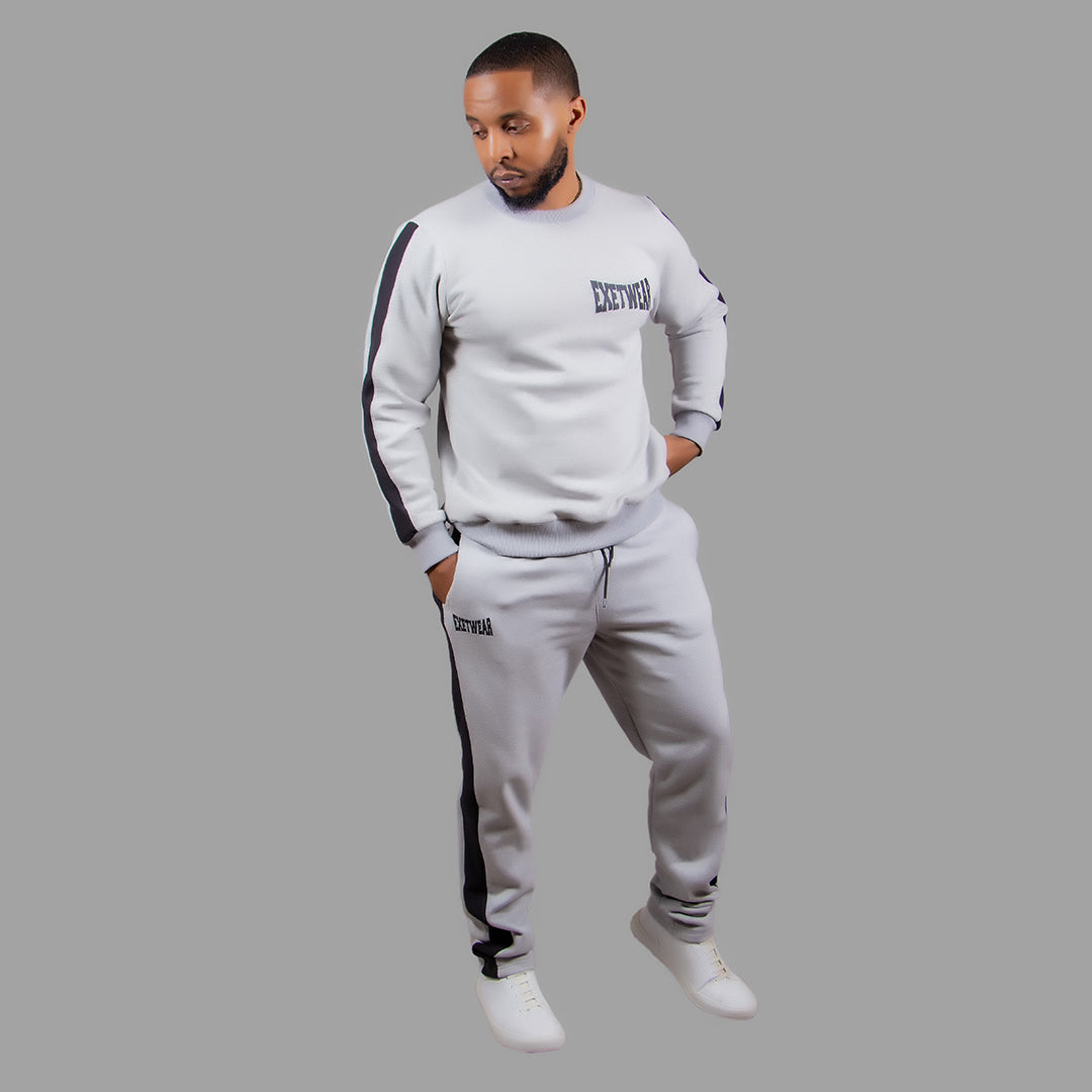 Men's Crewneck Sweatshirt Set in Light Grey with Black Stripes