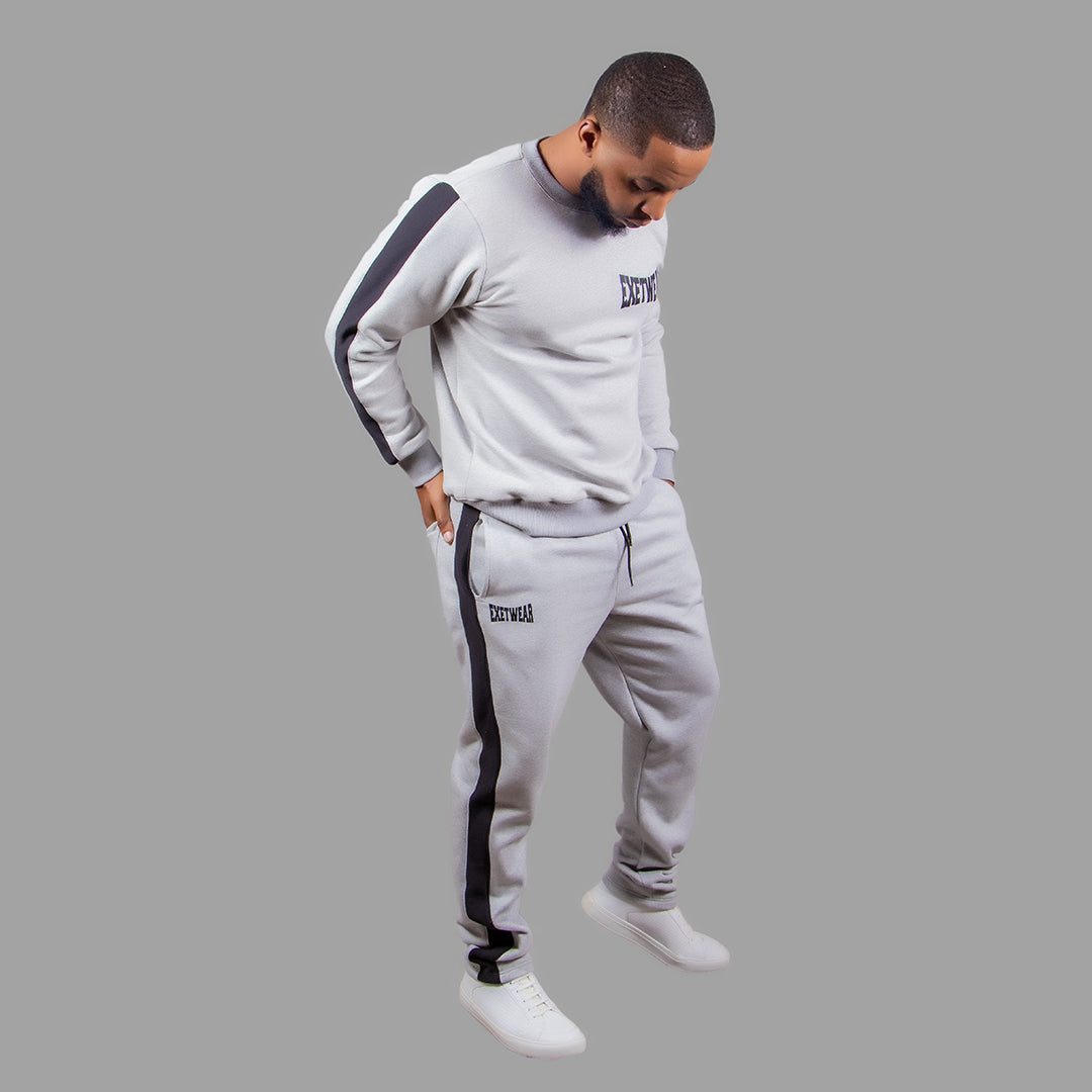 Men's Crewneck Sweatshirt Set in Light Grey with Black Stripes