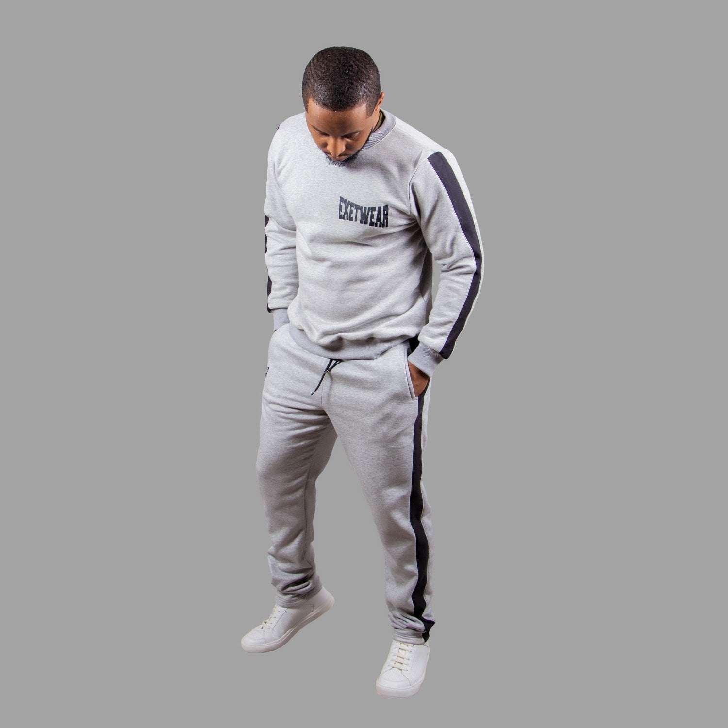 Men's Crewneck Sweatshirt Set in Light Grey with Black Stripes