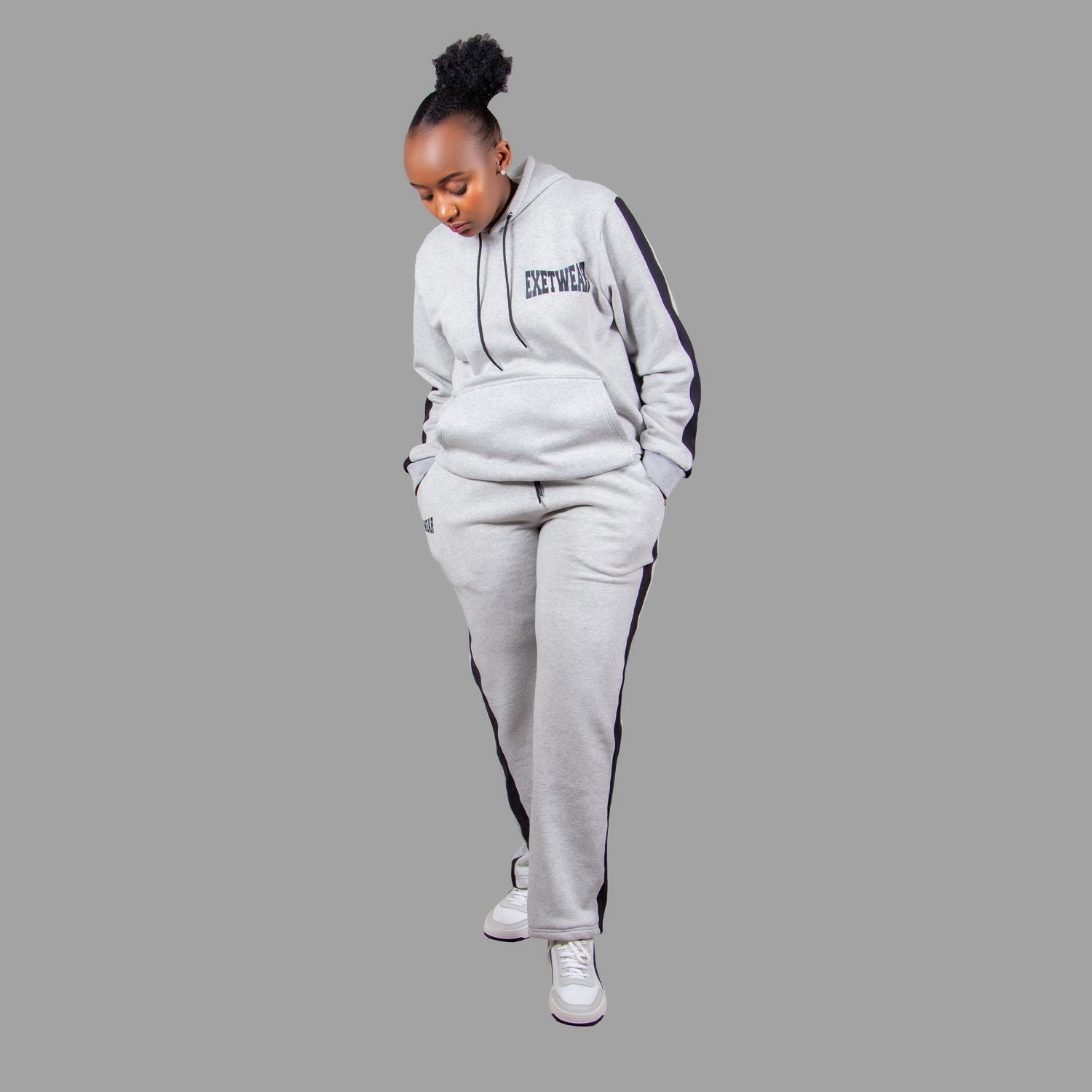 Women's Hoodie Set in Light Grey with Black Stripes