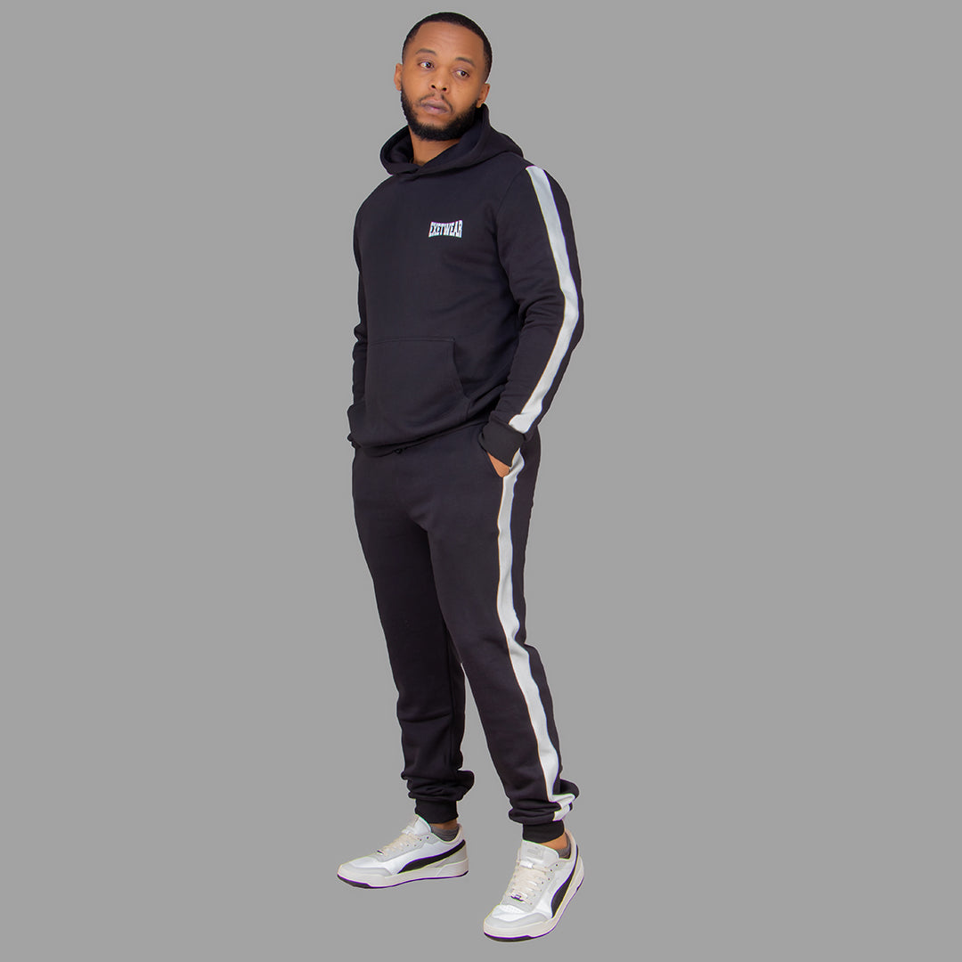 Men's Black Hoodie Set with White Stripes