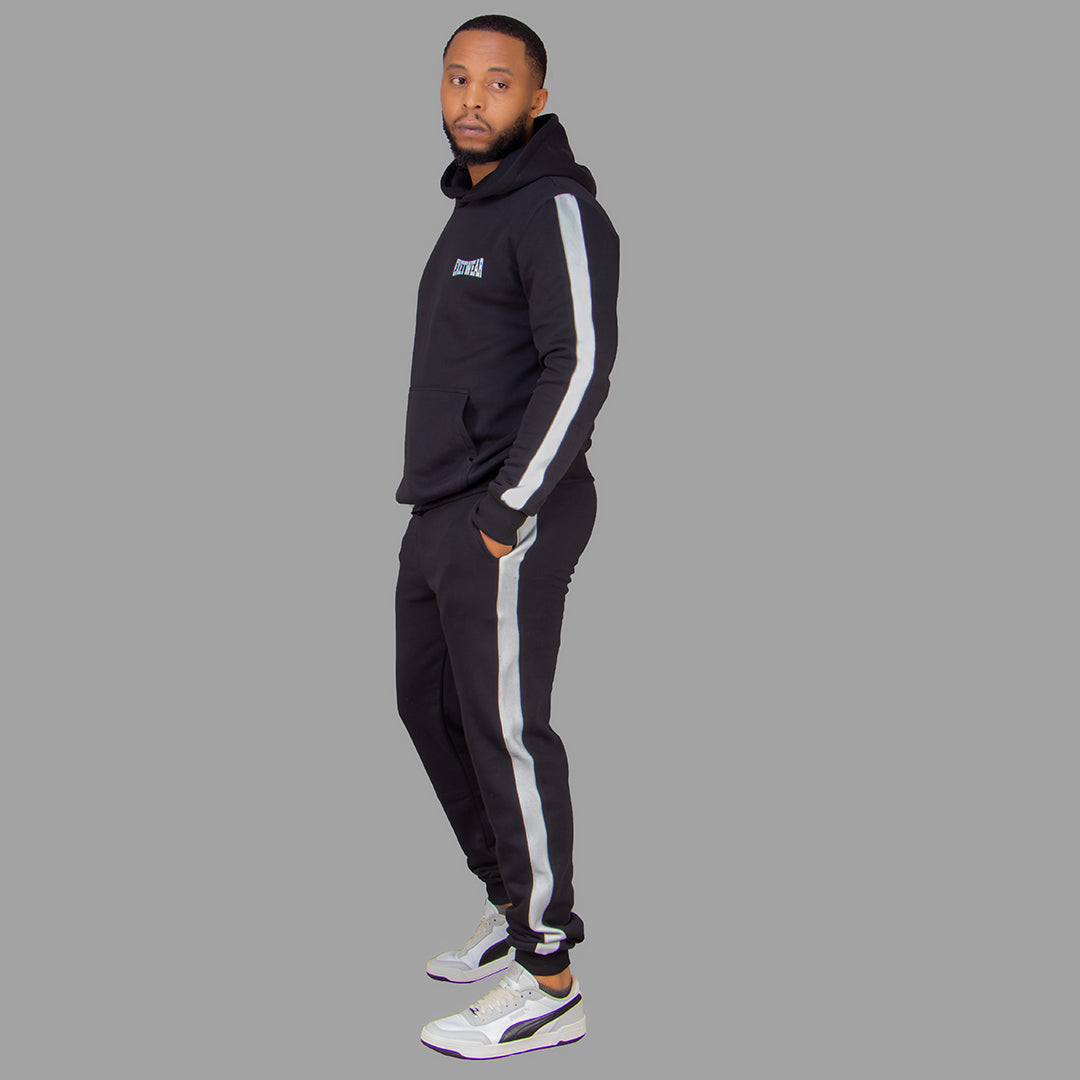 Men's Black Hoodie Set with White Stripes