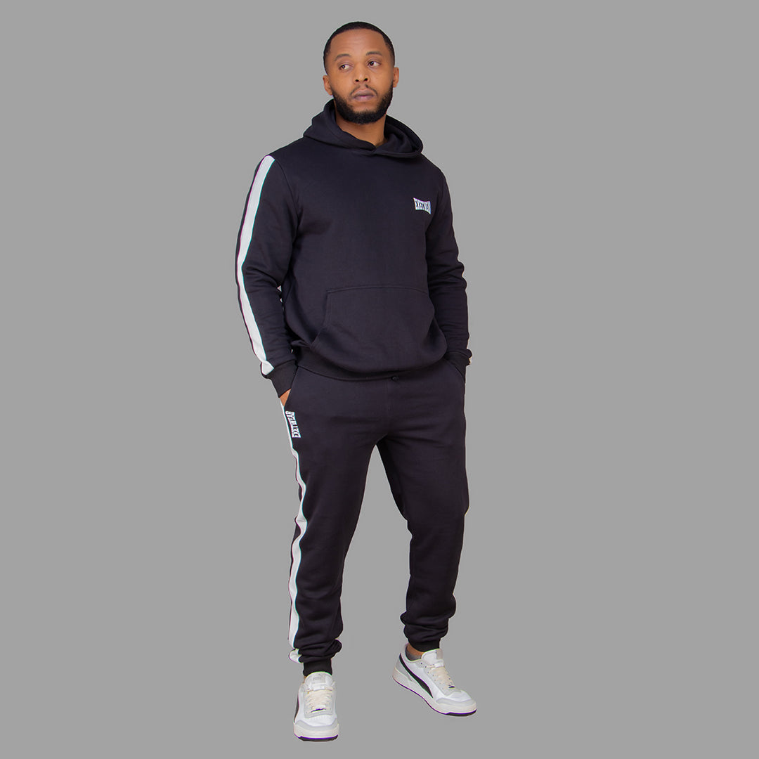 Men's Black Hoodie Set with White Stripes