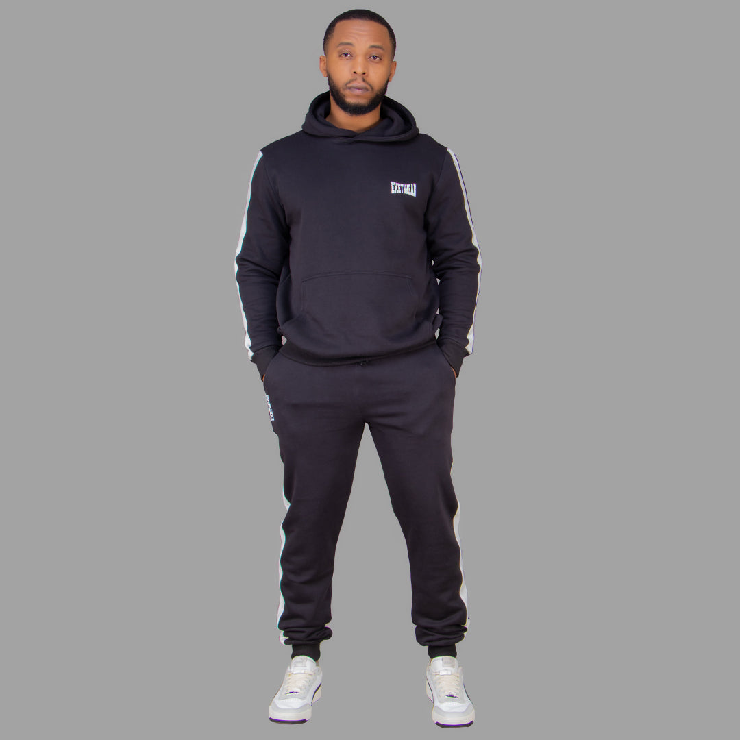 Men's Black Hoodie Set with White Stripes