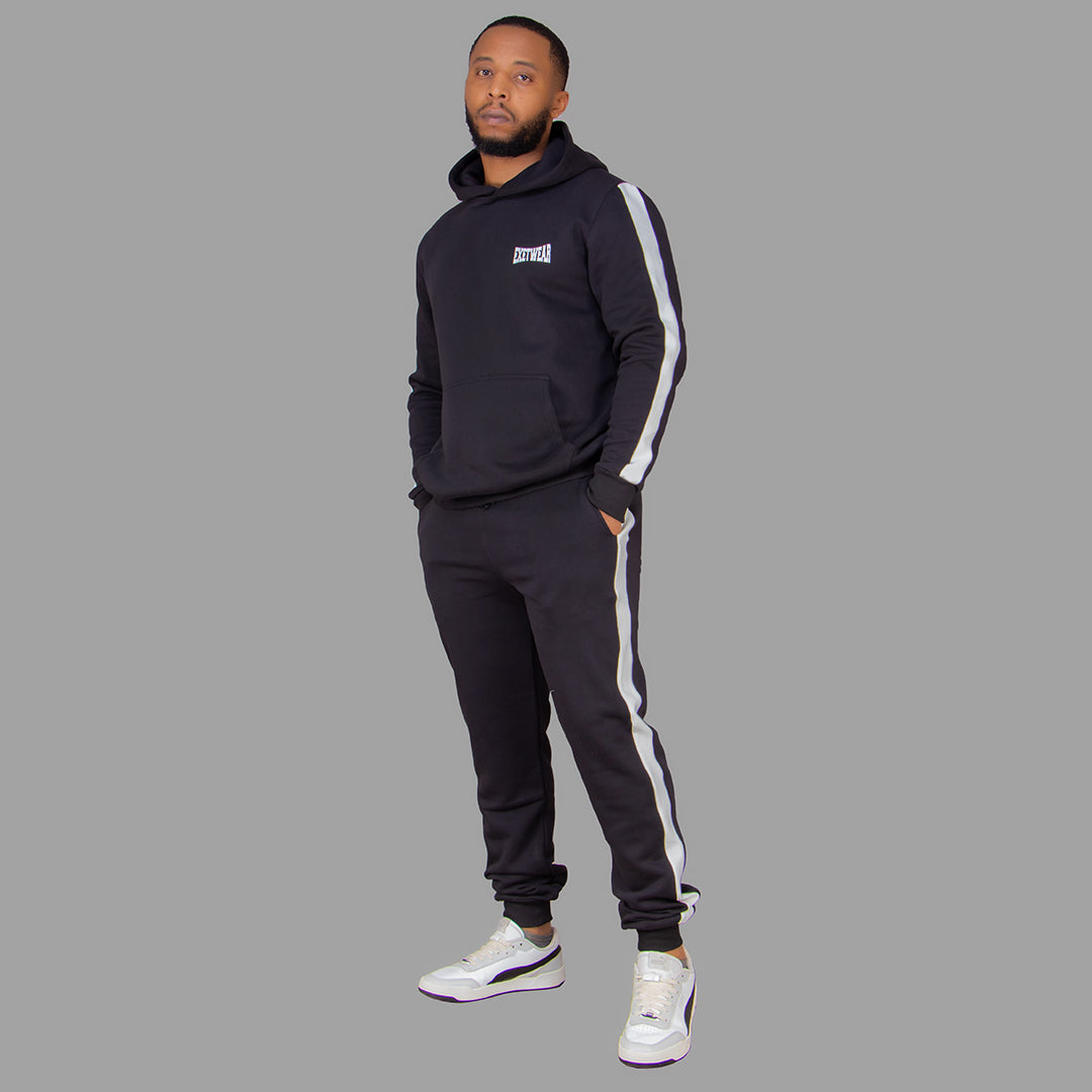 Men's Black Hoodie Set with White Stripes