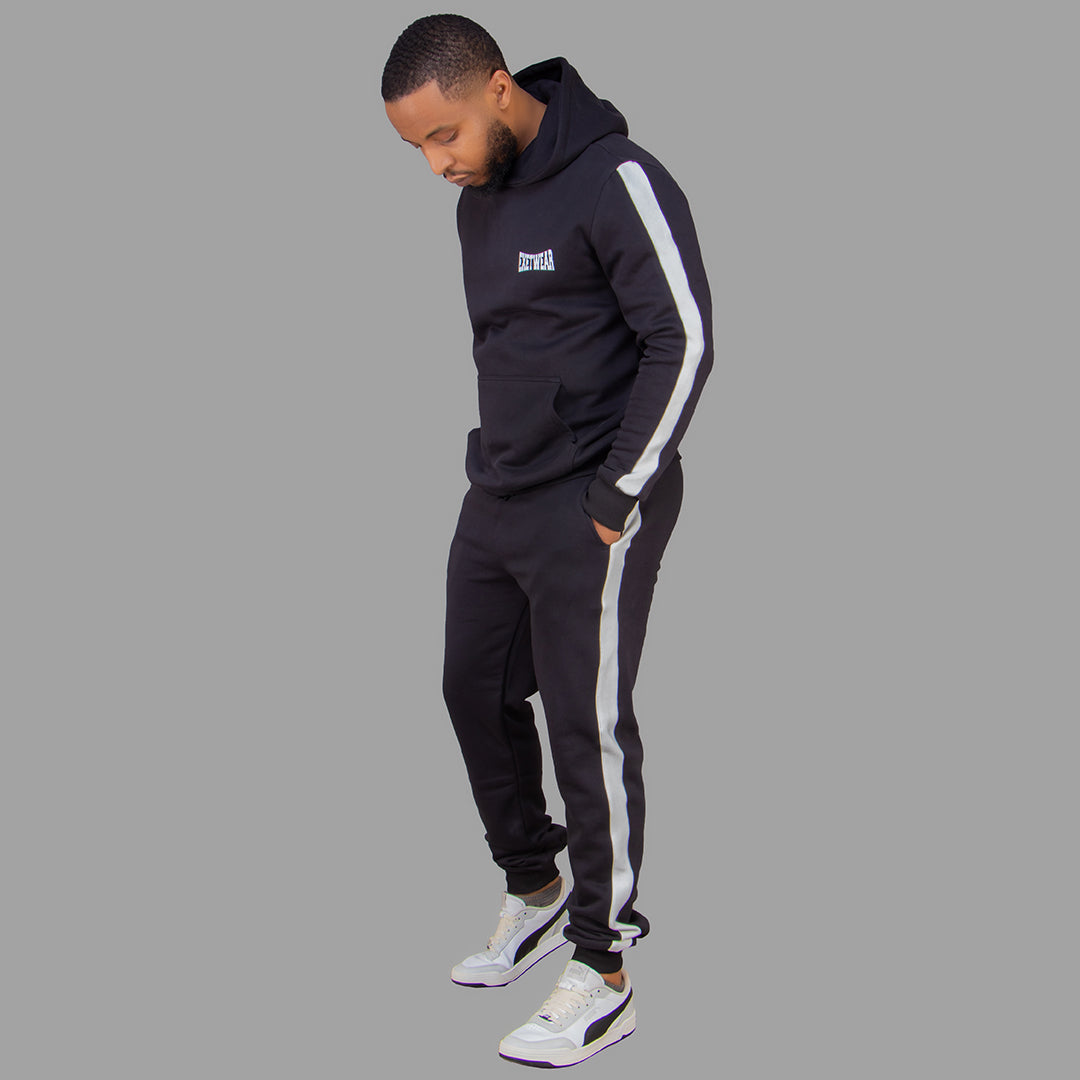 Men's Black Hoodie Set with White Stripes