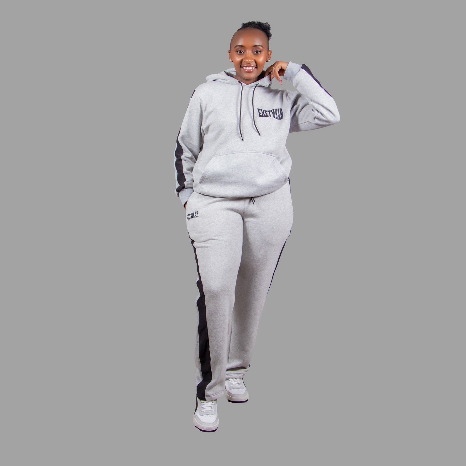 Women's Hoodie Set in Light Grey with Black Stripes