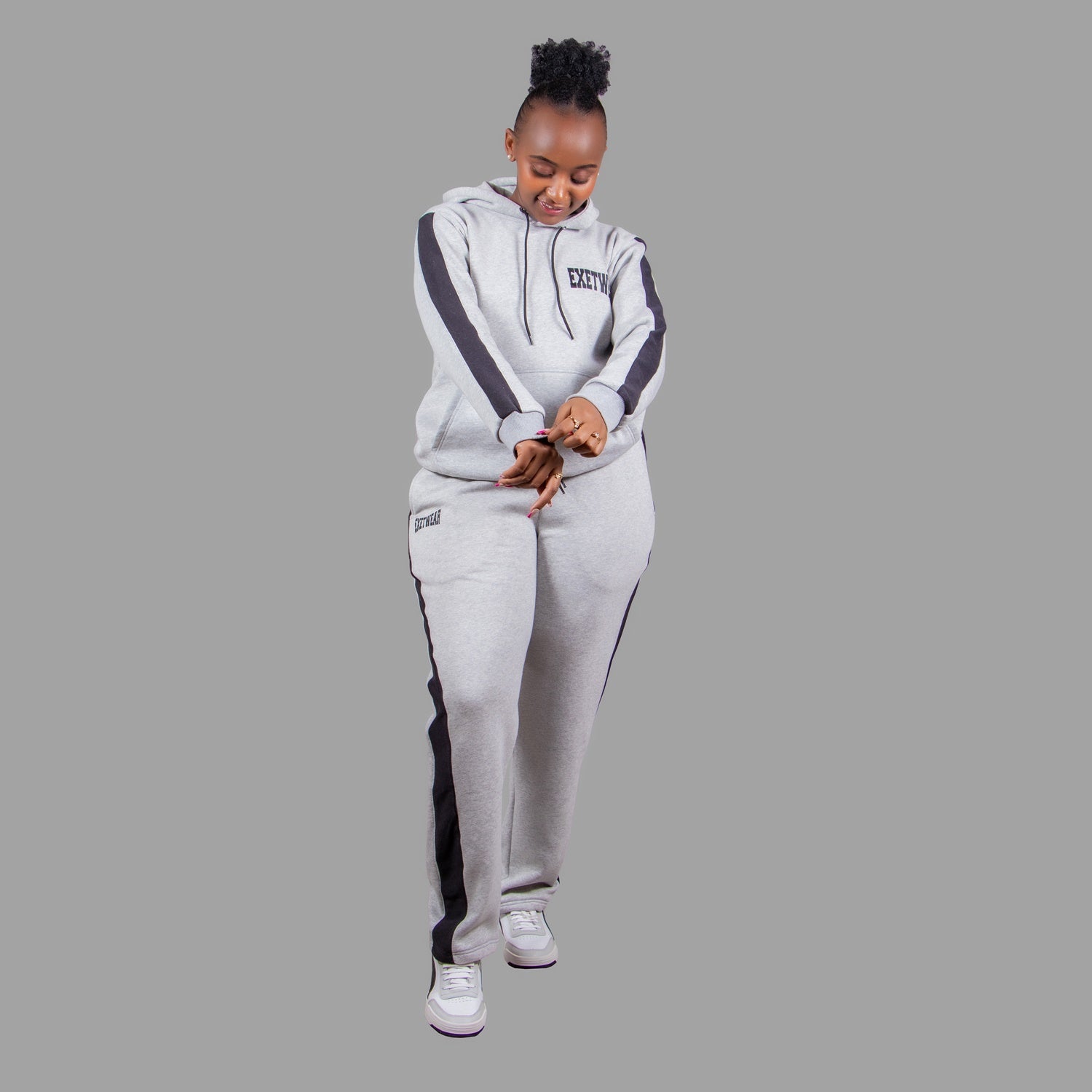 Women's Hoodie Set in Light Grey with Black Stripes