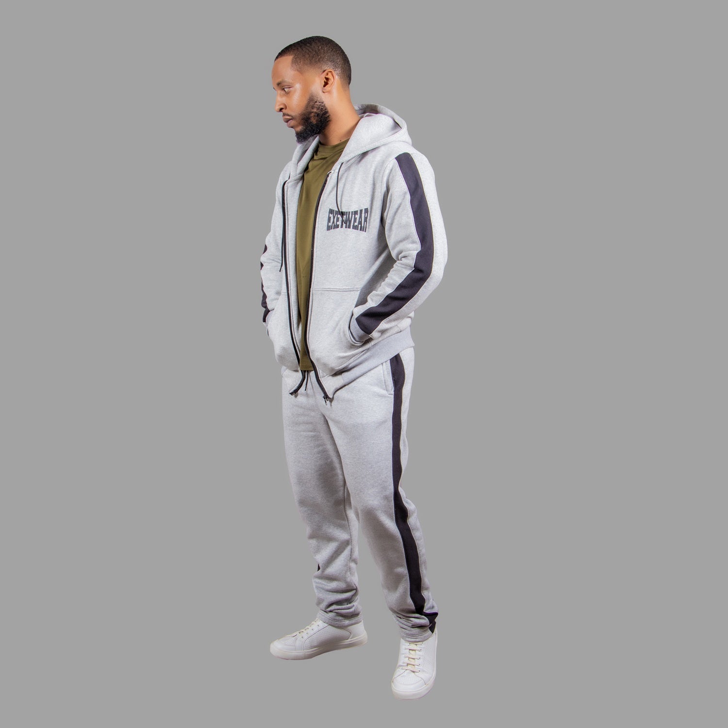 Men's Zipper Hoodie Set in Light Grey with Black Stripes