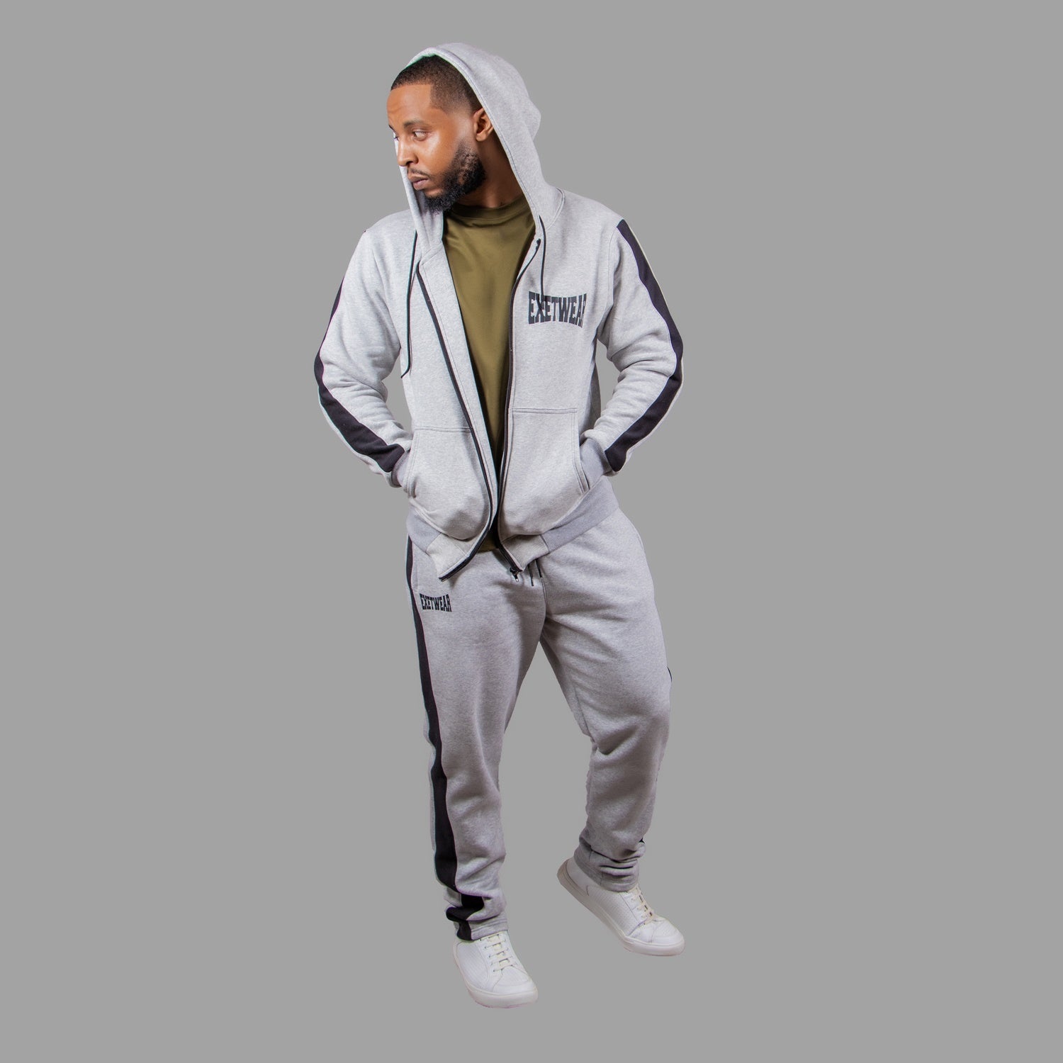 Men's Zipper Hoodie Set in Light Grey with Black Stripes