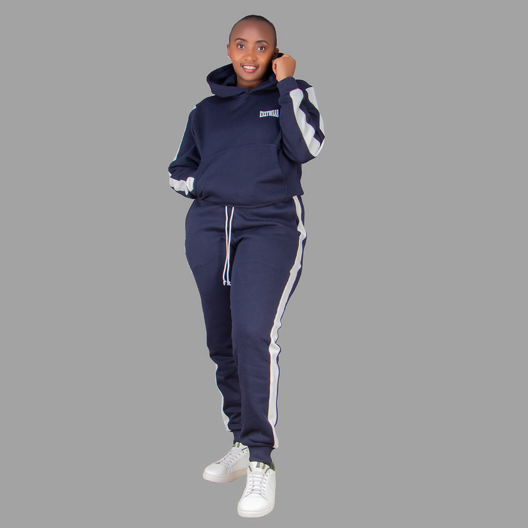 Women's Navy Blue Hoodie Set (White Stripes)