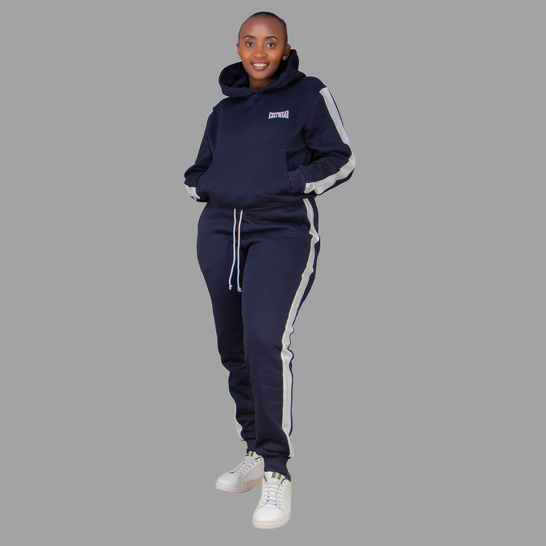 Women's Navy Blue Hoodie Set (White Stripes)