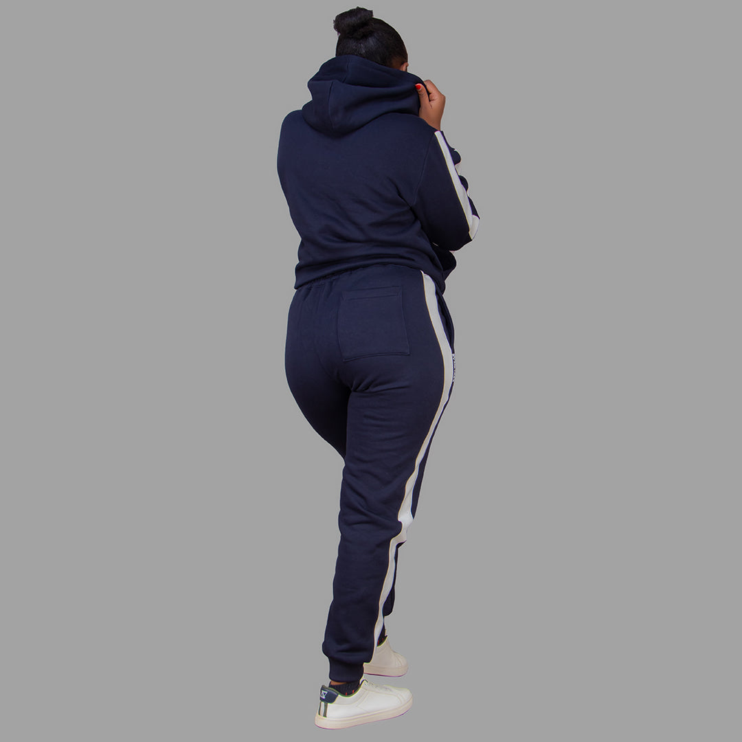 Women's Navy Blue Hoodie Set (White Stripes)