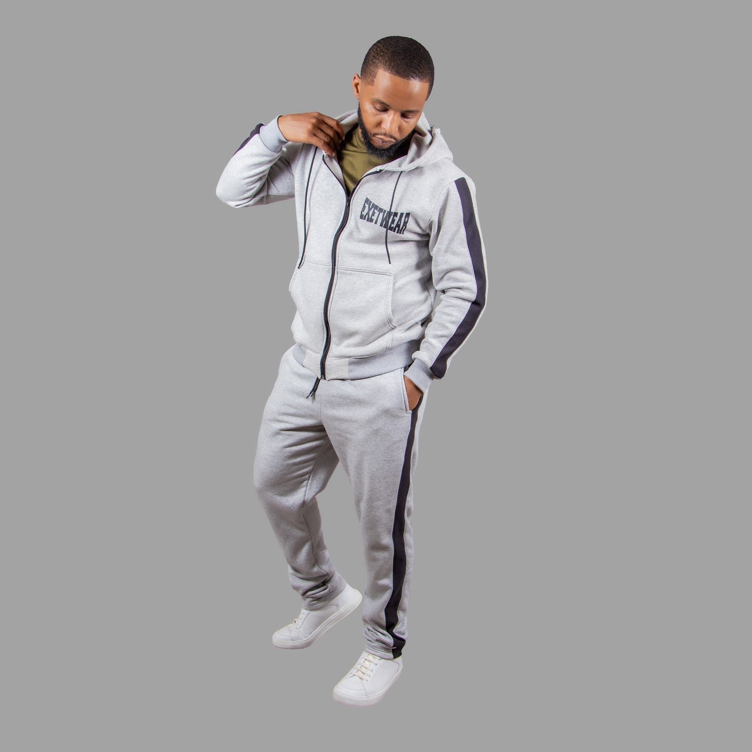 Men's Zipper Hoodie Set in Light Grey with Black Stripes