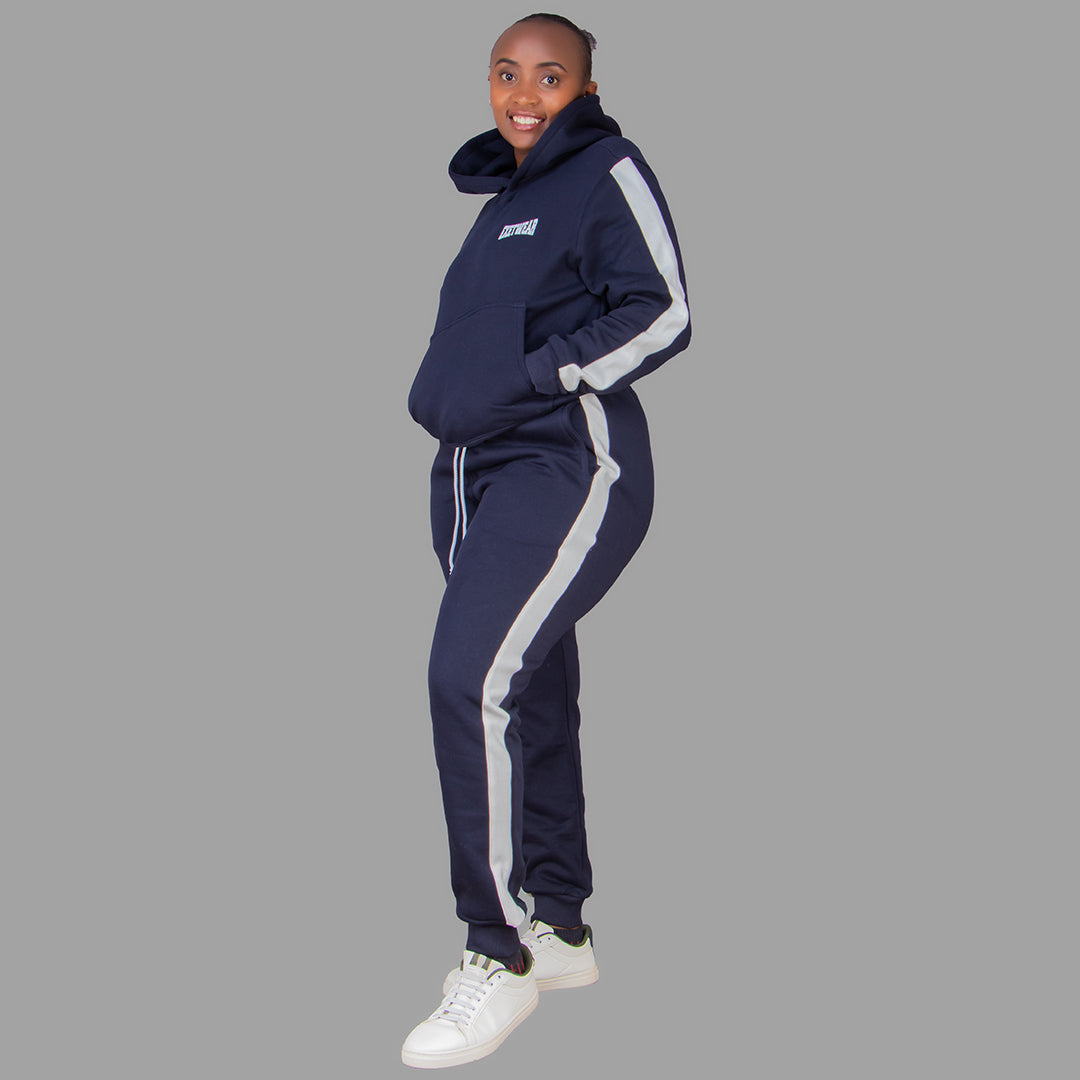 Women's Navy Blue Hoodie Set (White Stripes)