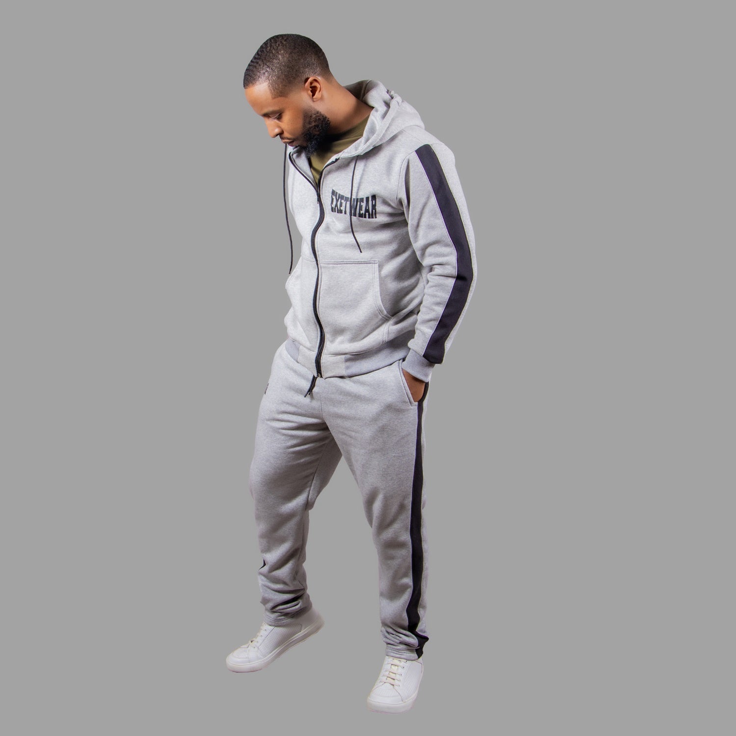 Men's Zipper Hoodie Set in Light Grey with Black Stripes