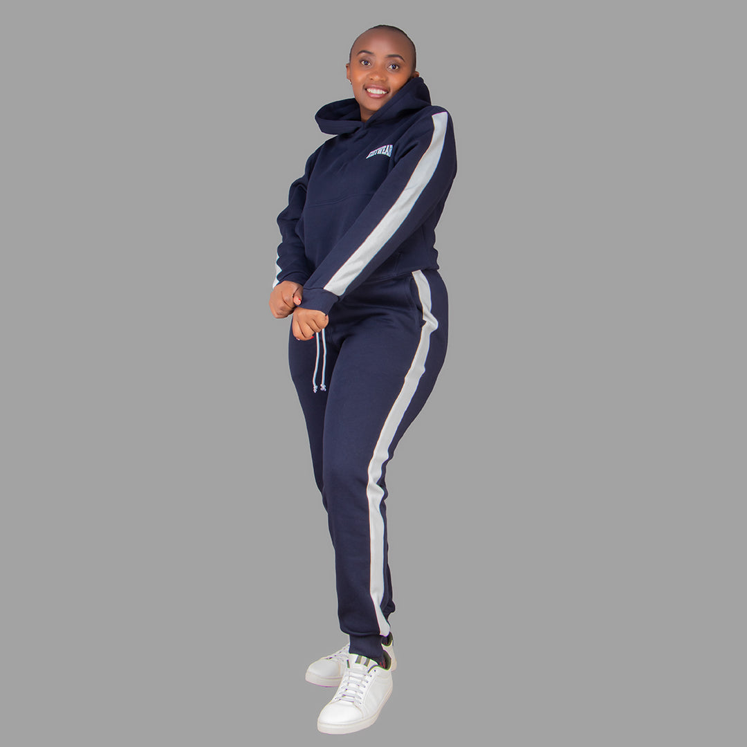 Women's Navy Blue Hoodie Set (White Stripes)