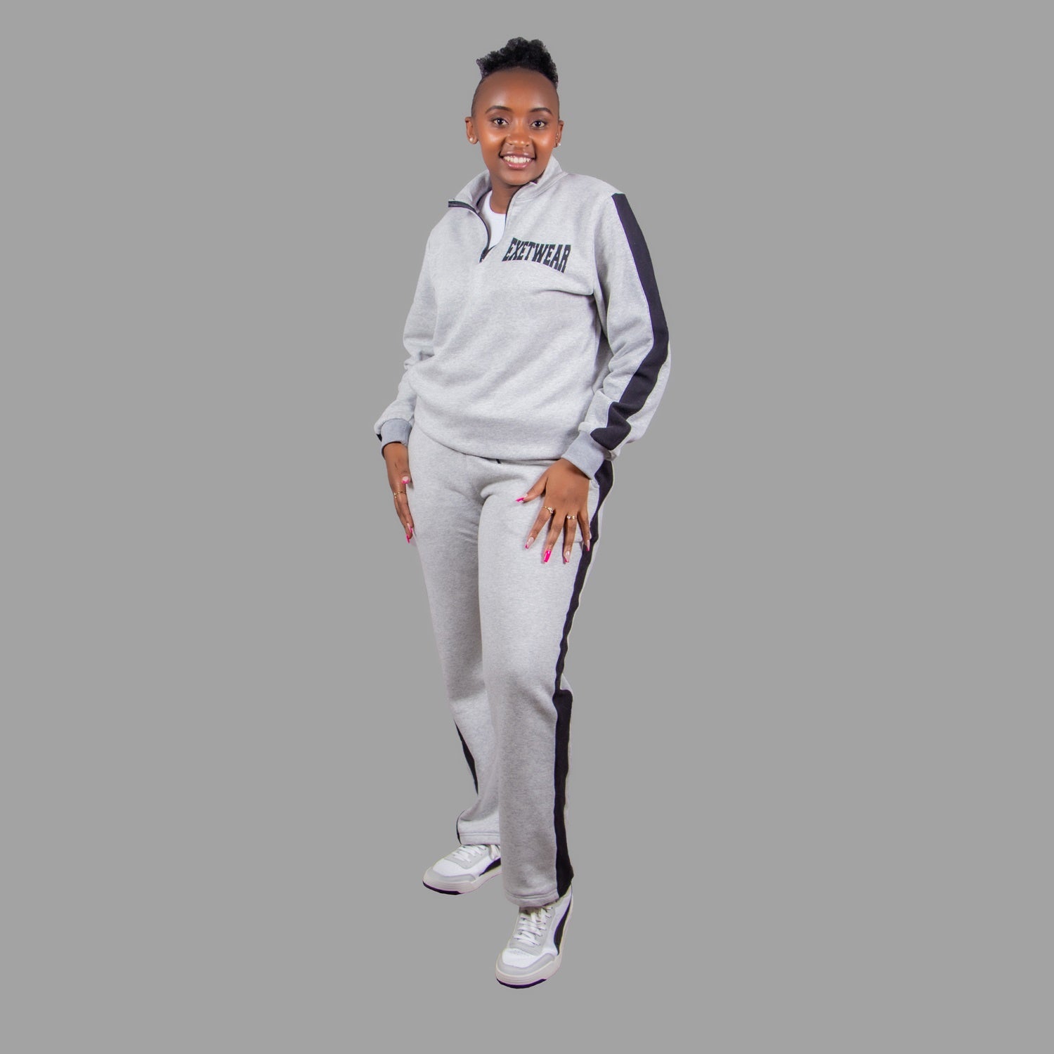 Women's Half Zipper Sweatshirt in Light Grey with Black Stripes