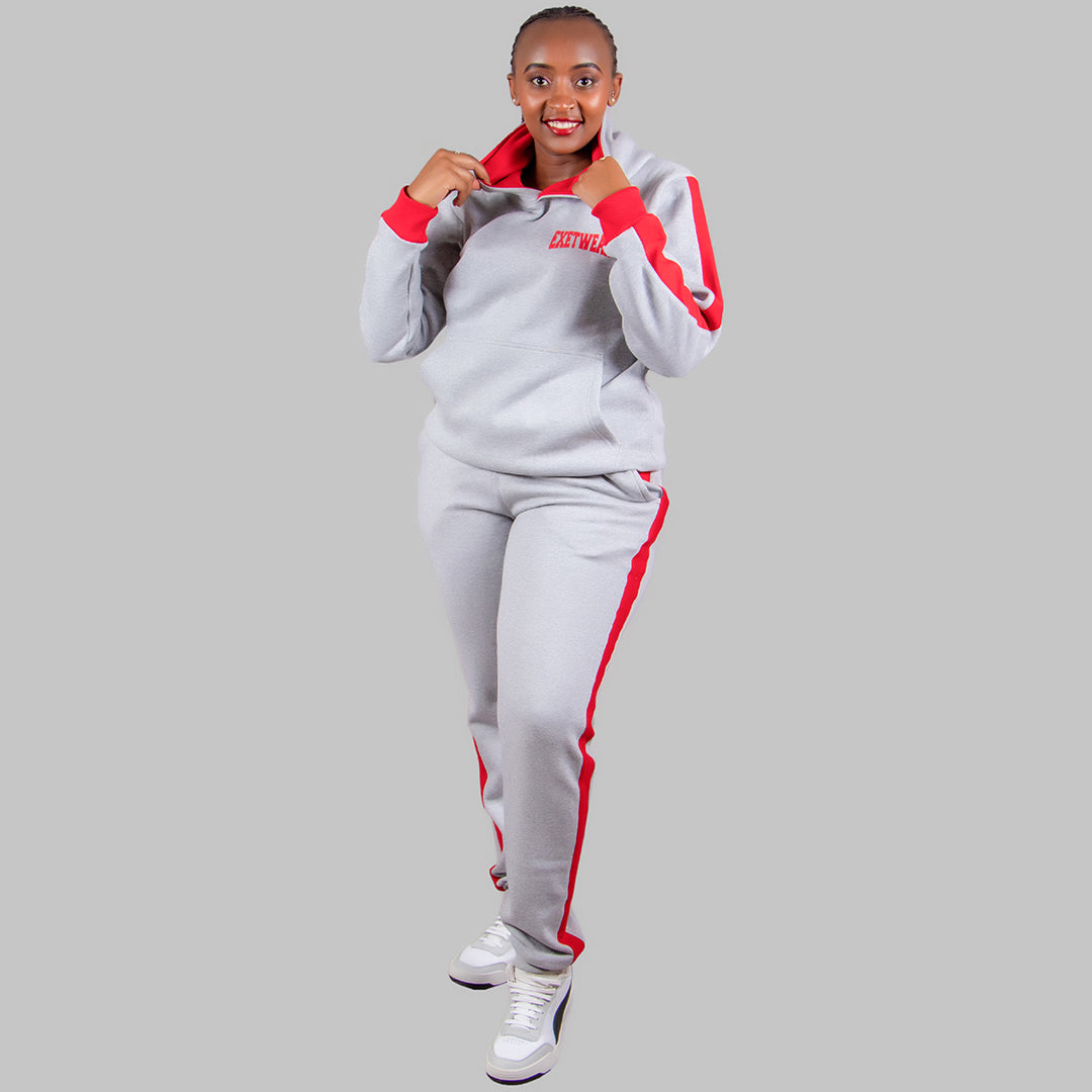 Women's Hoodie Set in Light Grey with Red Stripe