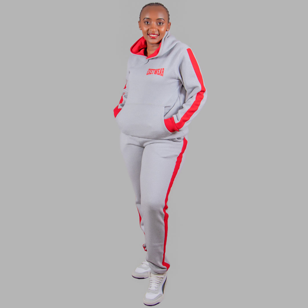 Women's Hoodie Set in Light Grey with Red Stripe