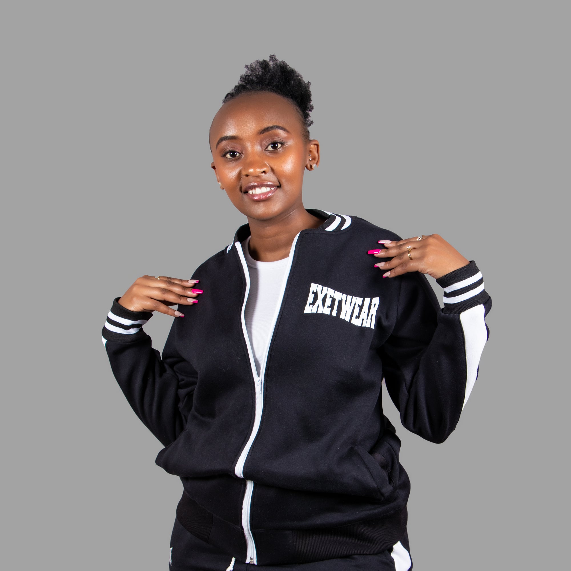 Women's College Jacket in Black with a sleek White Stripe