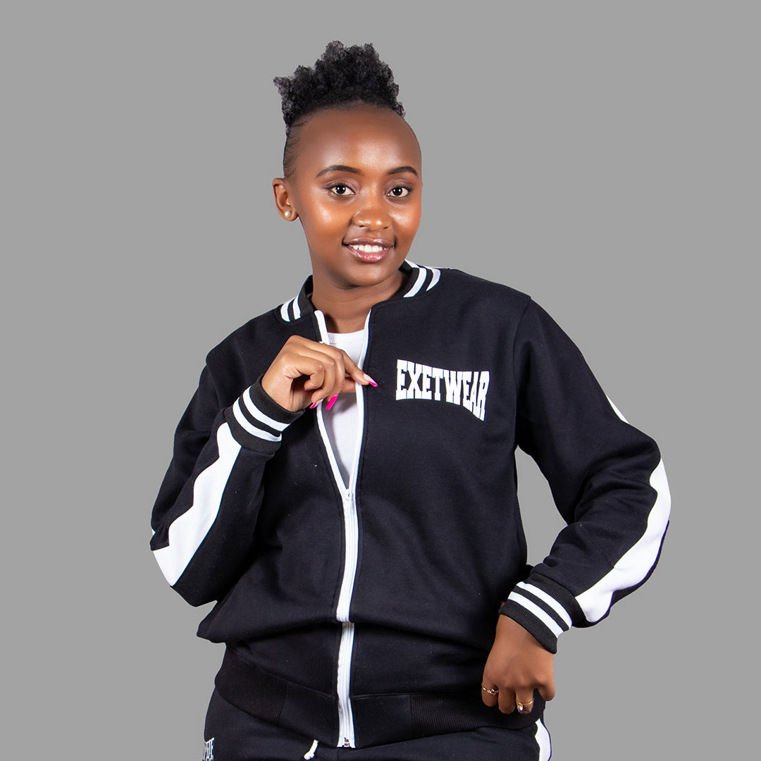 Women's College Jacket in Black with a sleek White Stripe