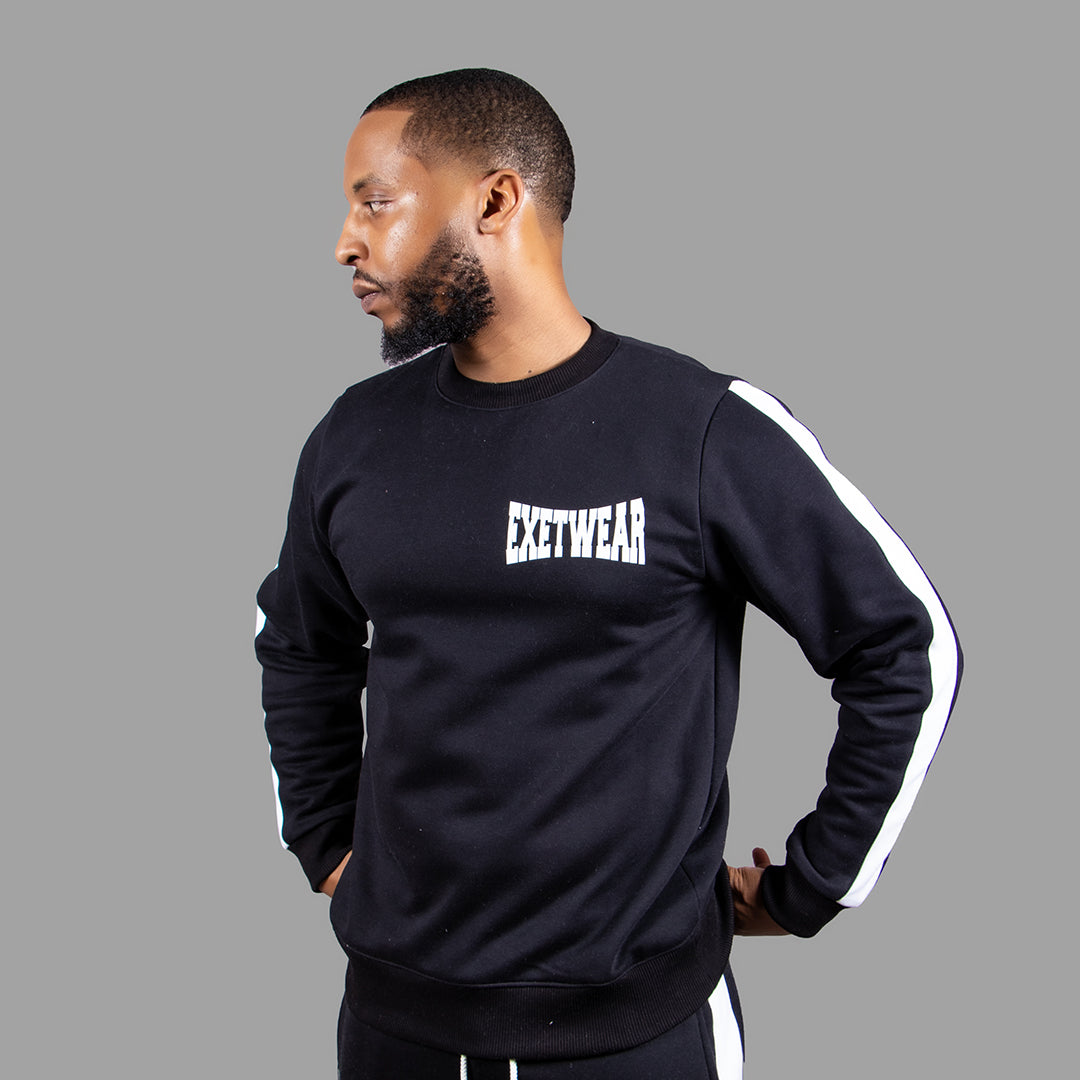 Men Crewneck Sweatshirt Set in Black with White Stripes