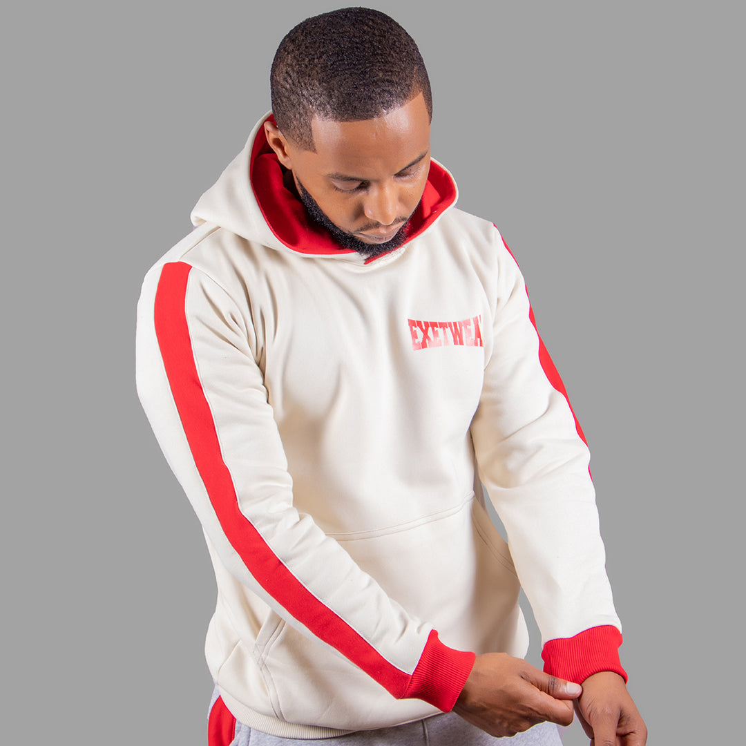 Exetwear Men's Hoodie in Cream with Red Stripes