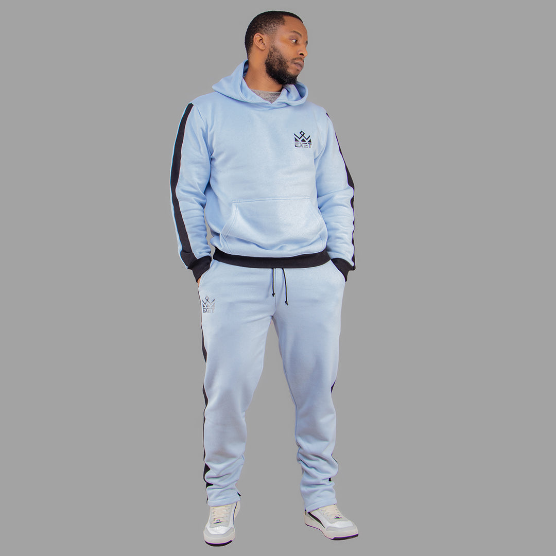 Exetwear Men's Sky Blue Hoodie Set with Black Stripes