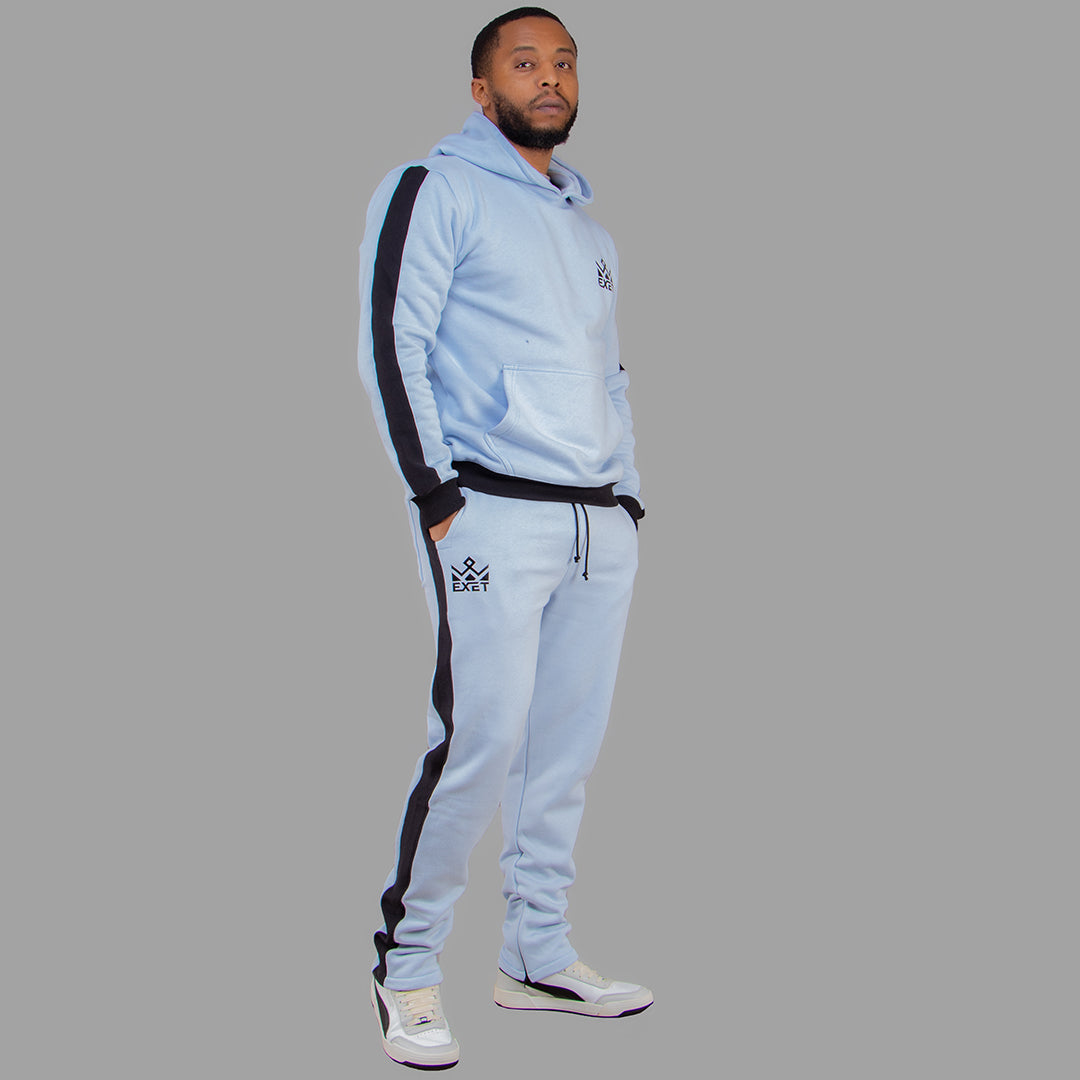 Exetwear Men's Sky Blue Hoodie Set with Black Stripes