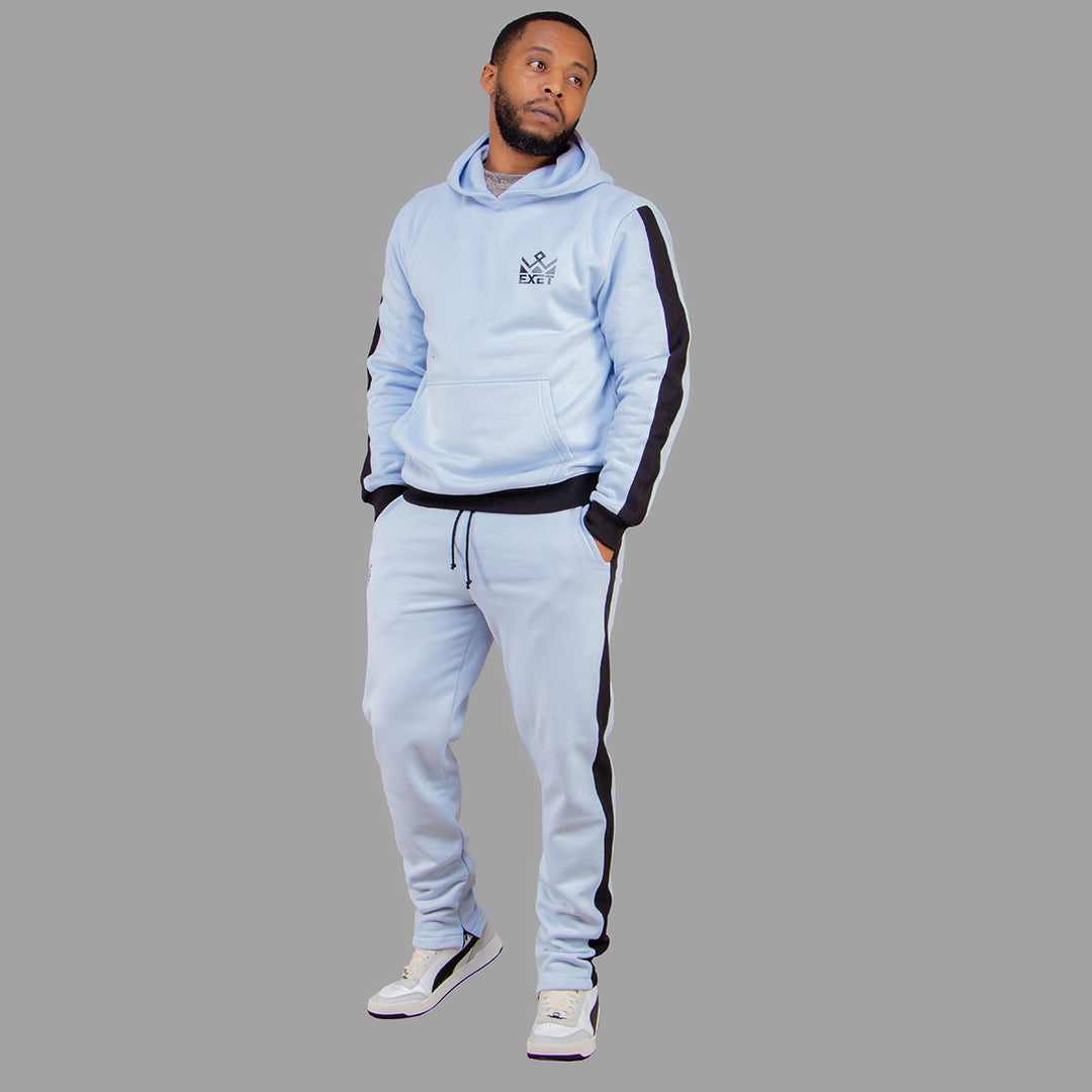 Exetwear Men's Sky Blue Hoodie Set with Black Stripes