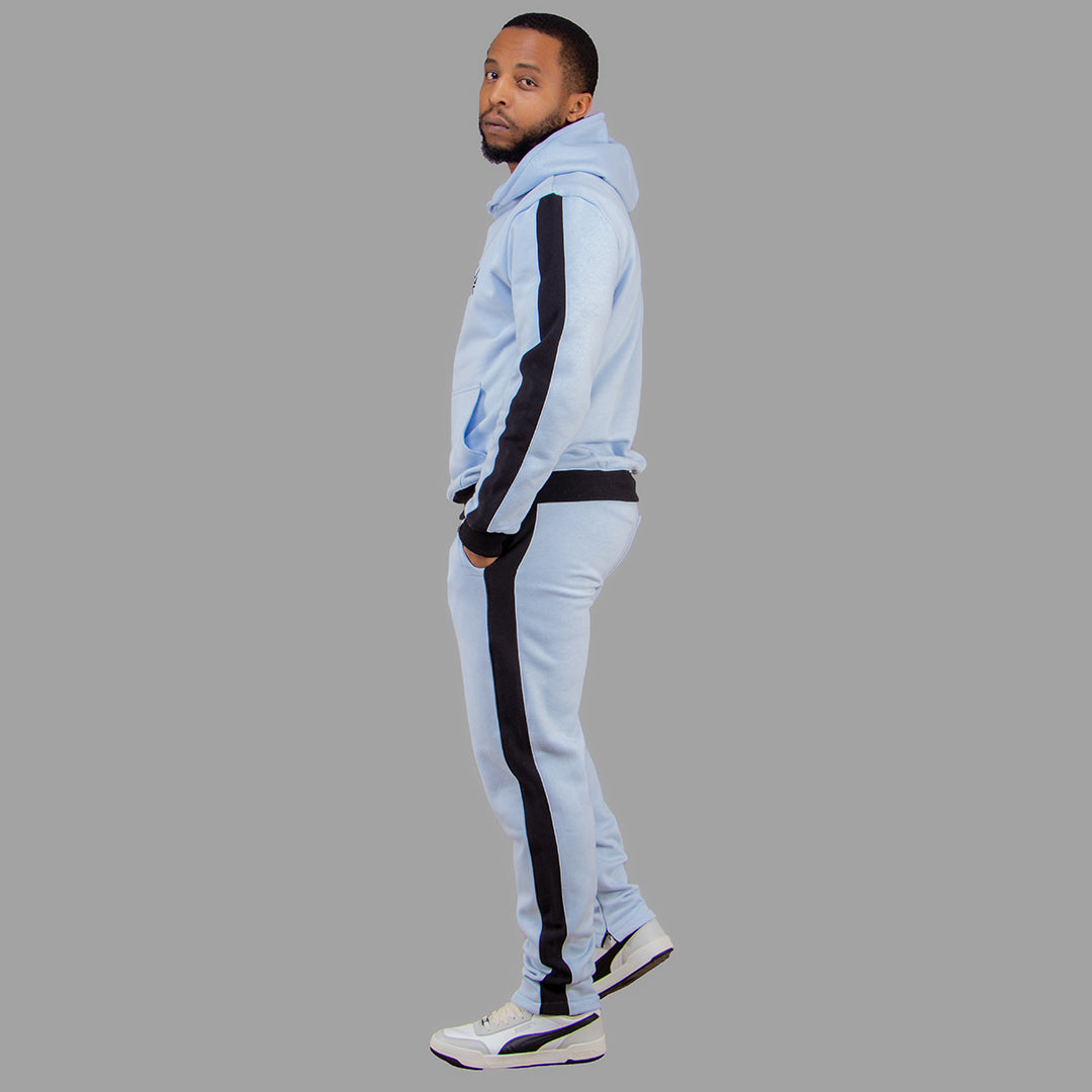 Exetwear Men's Sky Blue Hoodie Set with Black Stripes