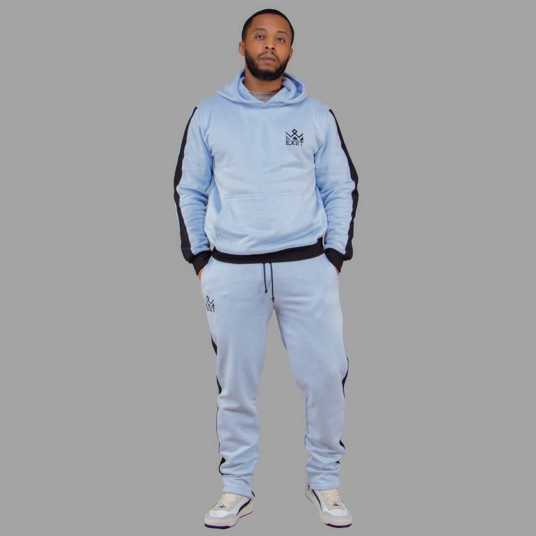 Exetwear Men's Sky Blue Hoodie Set with Black Stripes