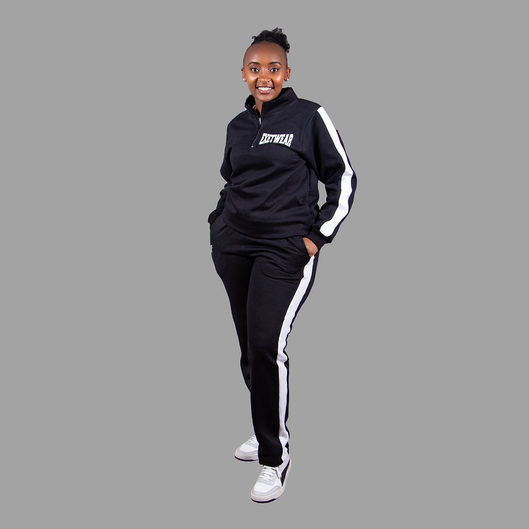 Women's Half Zipper Sweatshirt Set in Black with White Stripes