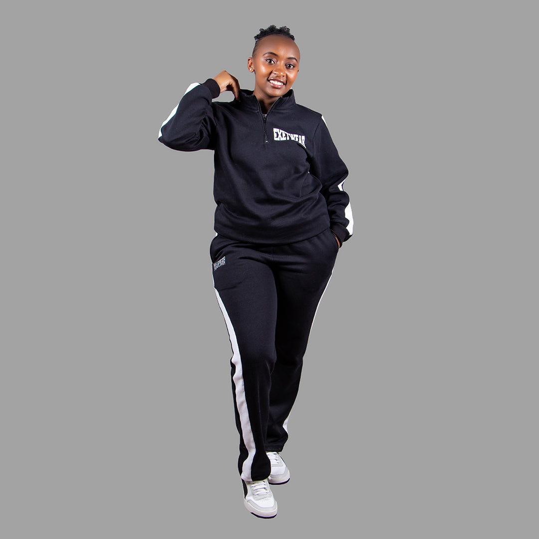 Women's Half Zipper Sweatshirt Set in Black with White Stripes