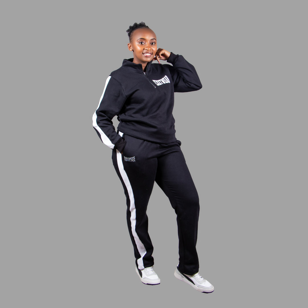 Women's Half Zipper Sweatshirt Set in Black with White Stripes