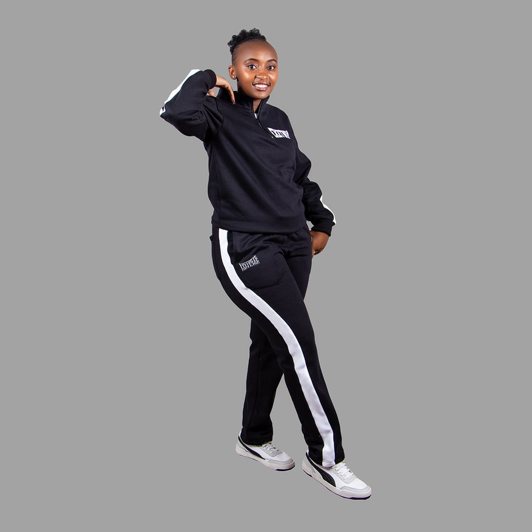 Women's Half Zipper Sweatshirt Set in Black with White Stripes