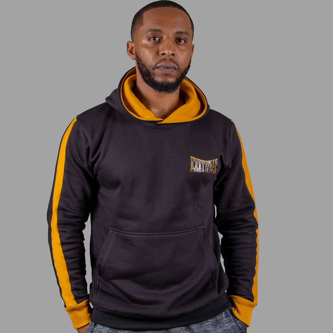 Exetwear Men's Hoodie in Black with Mustard Yellow Stripes