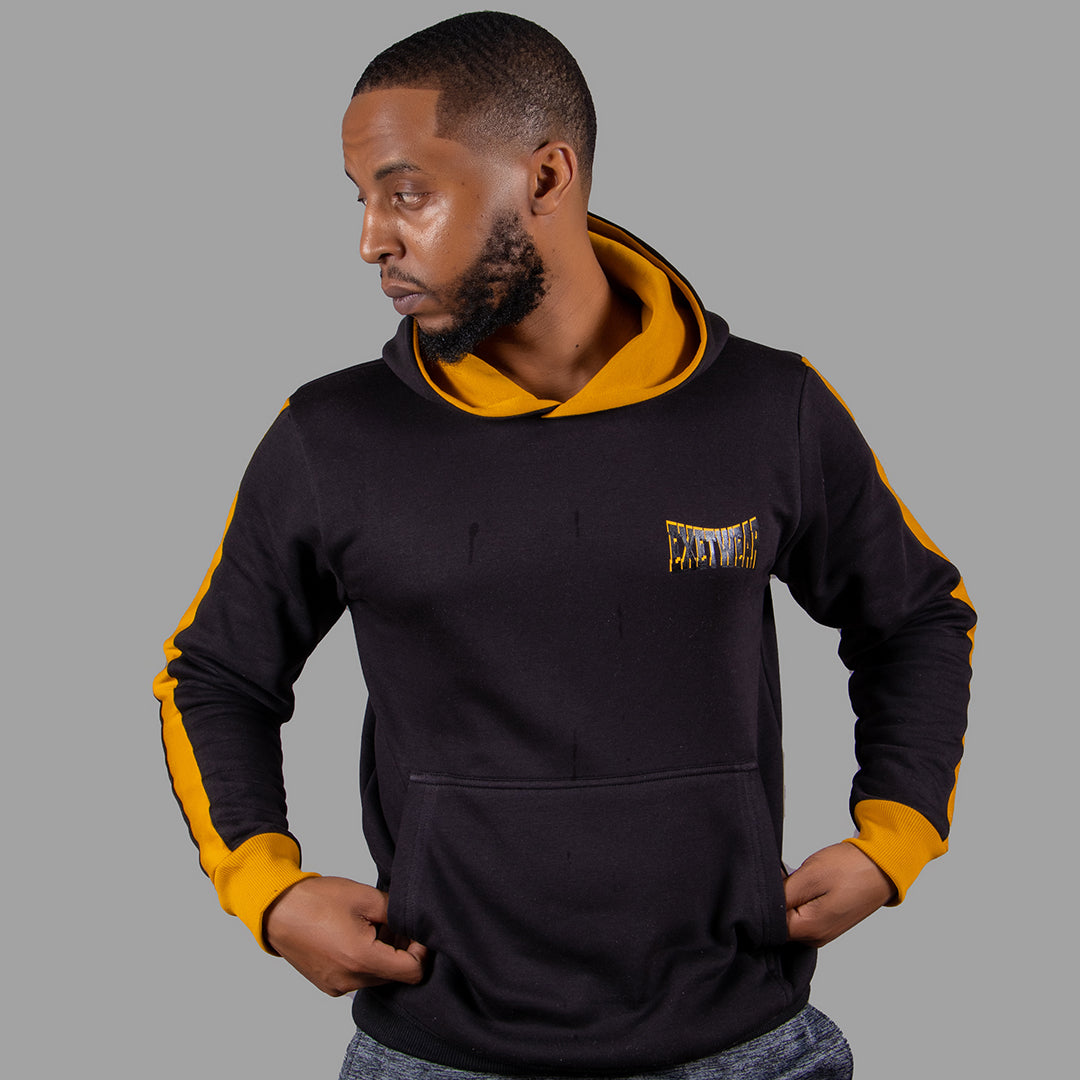 Exetwear Men's Hoodie in Black with Mustard Yellow Stripes