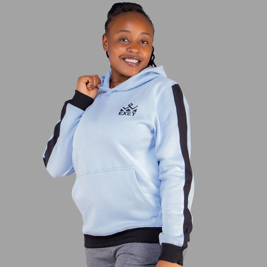 Sky Blue Hoodie Set with Black Stripes