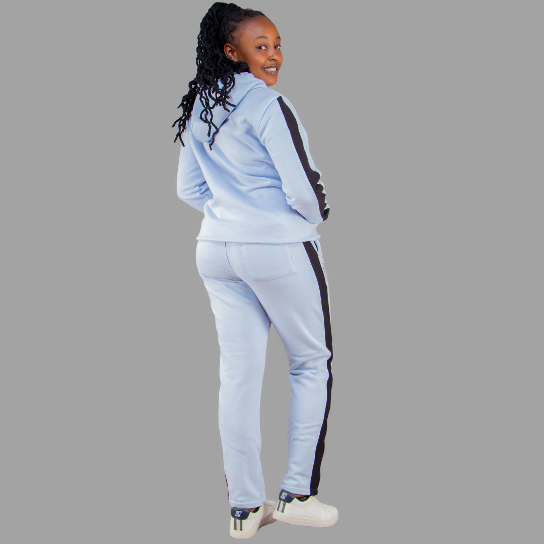 Sky Blue Hoodie Set with Black Stripes