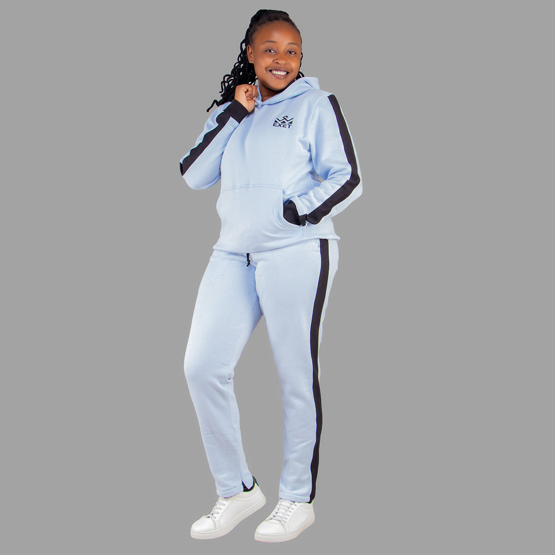 Sky Blue Hoodie Set with Black Stripes